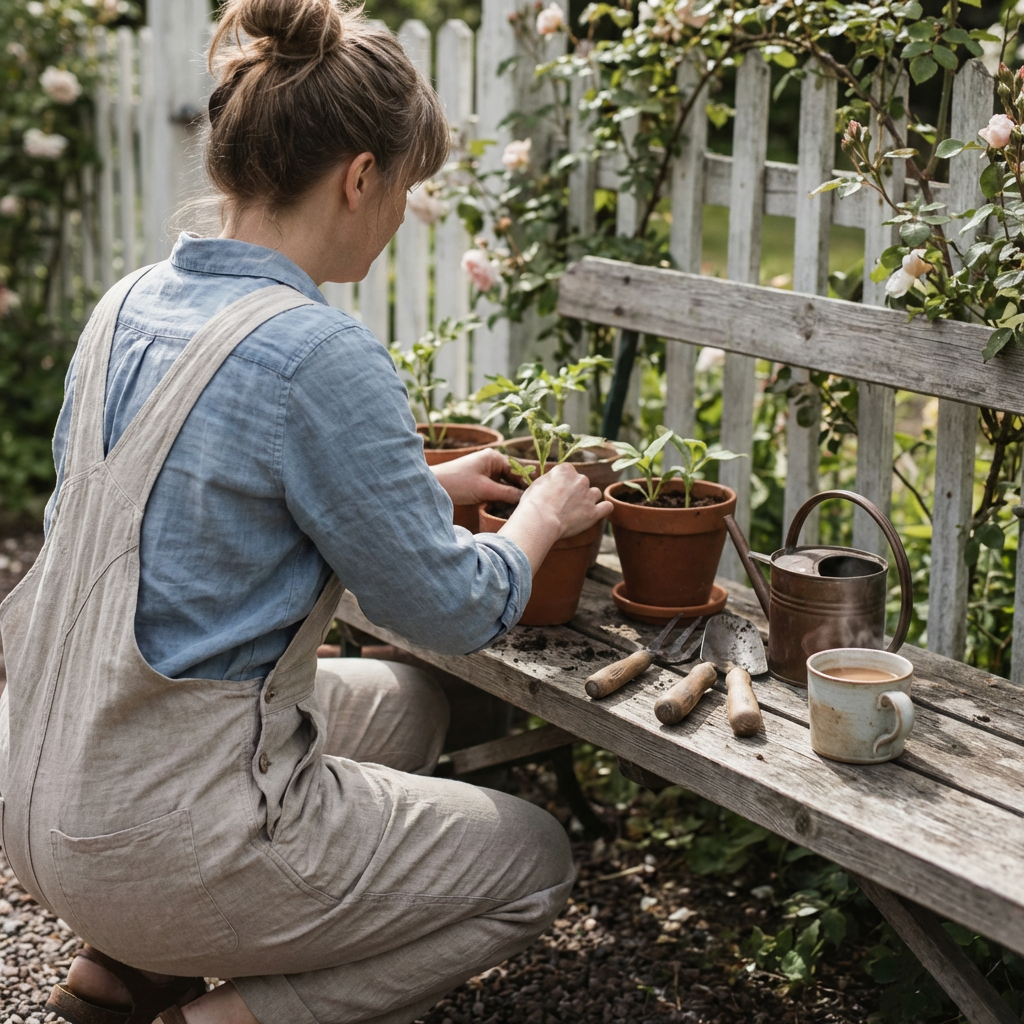 En person lägger en trädgårdsgång med en gjutform i en lummig sommarträdgård.