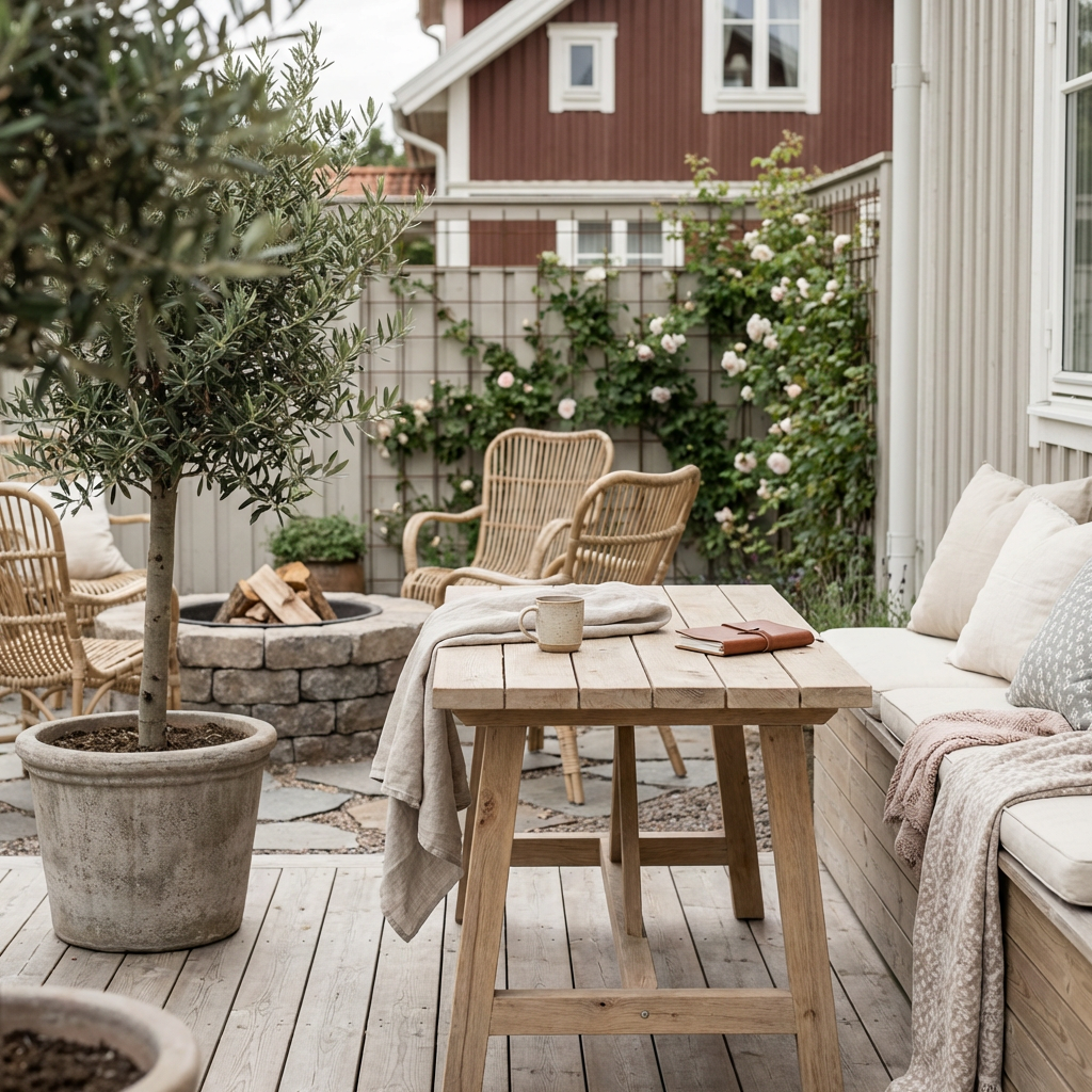 En vacker, möblerad uteplats i skandinavisk stil med trädäck, rottingmöbler och gröna växter i krukor.