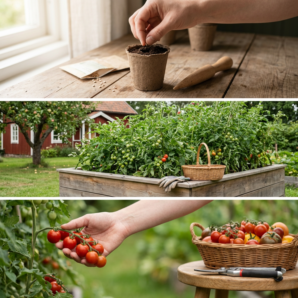 En person som planterar små tomatplantor i en upphöjd odlingslåda fylld med jord. Solen skiner.