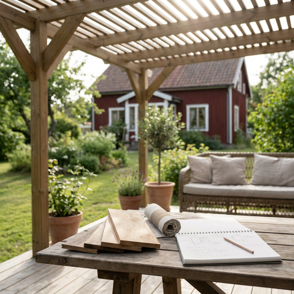 En mysig pergola i trä med lamelltak, inredd med utemöbler och ljusslingor i en svensk trädgård.