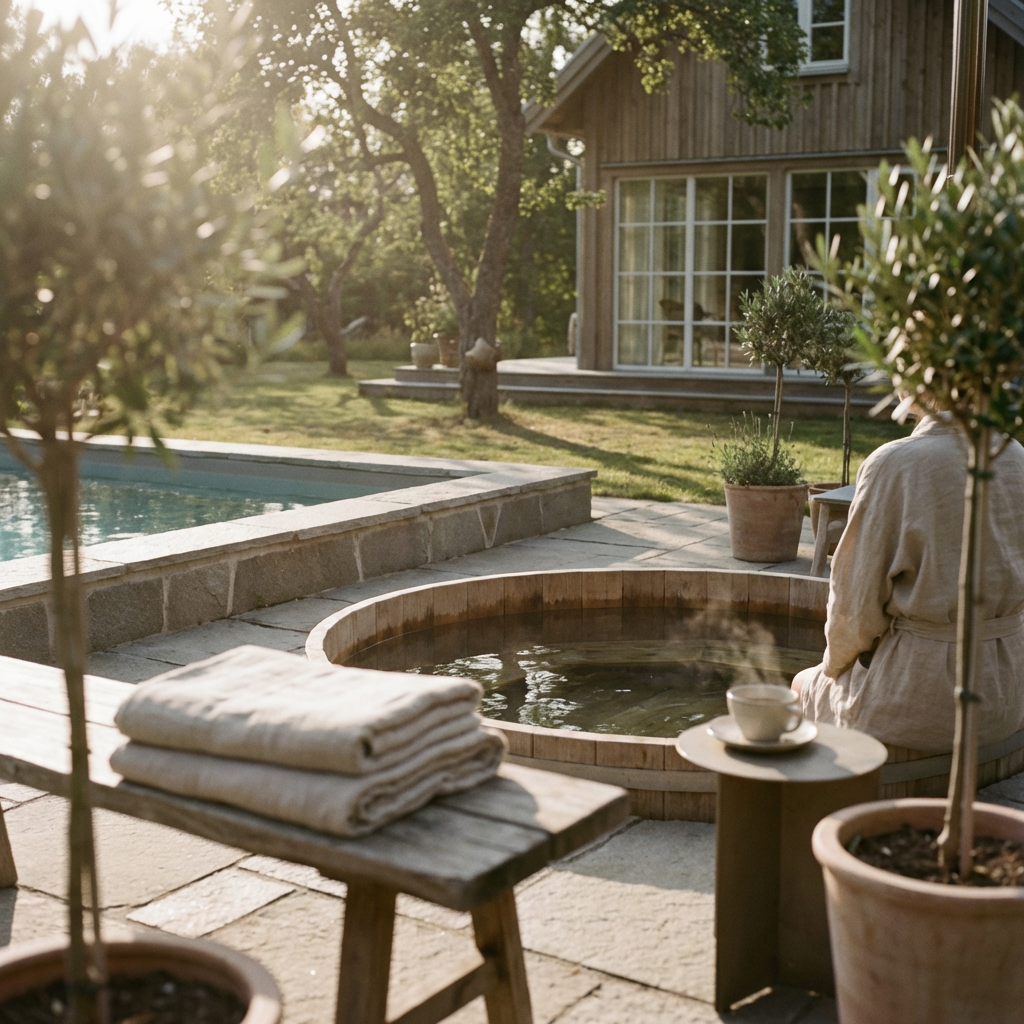 Ett upplyst spabad i en trädgård en sommarkväll, med mysig belysning runt omkring.