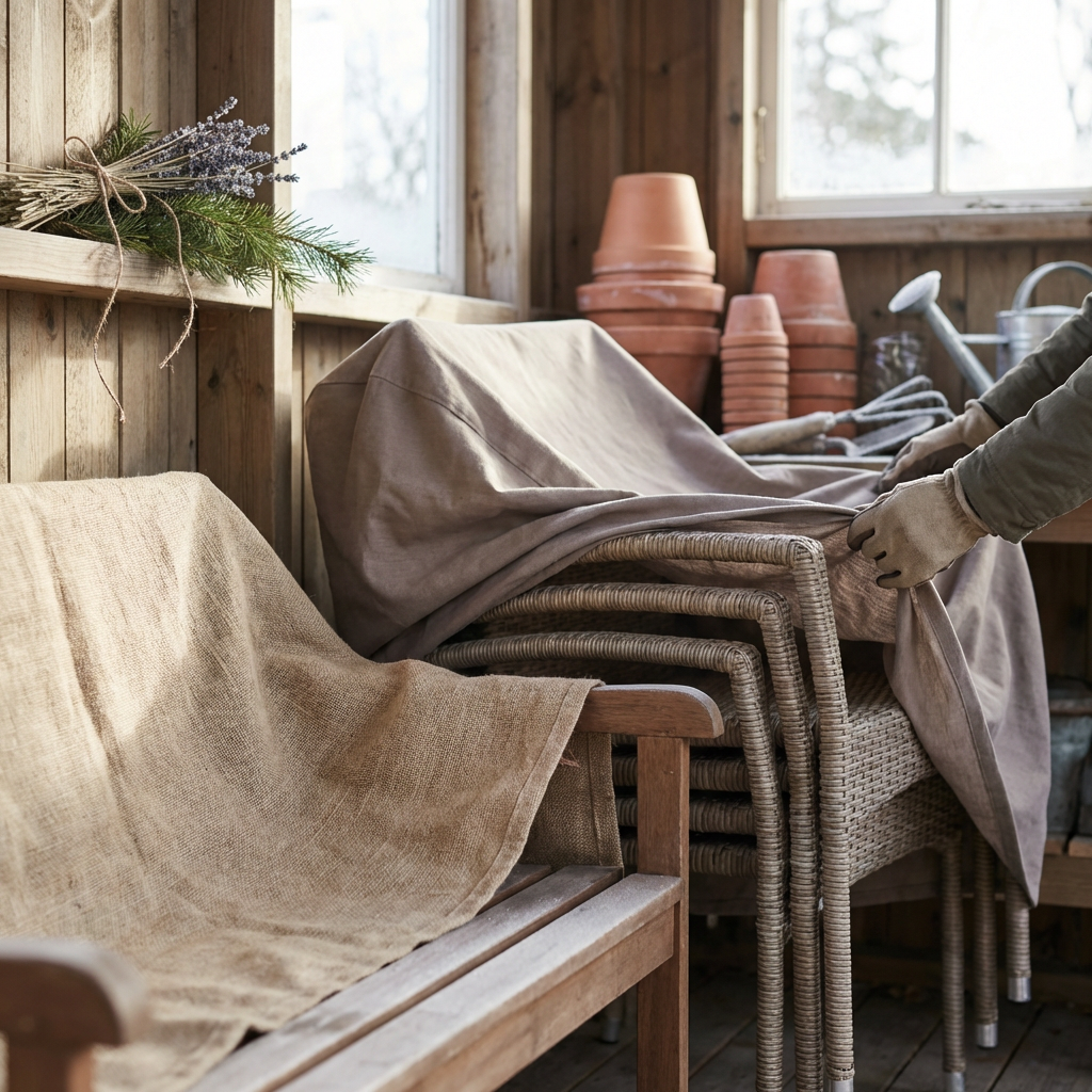 En prydligt täckt grupp utemöbler på en altan, redo för vintern.
