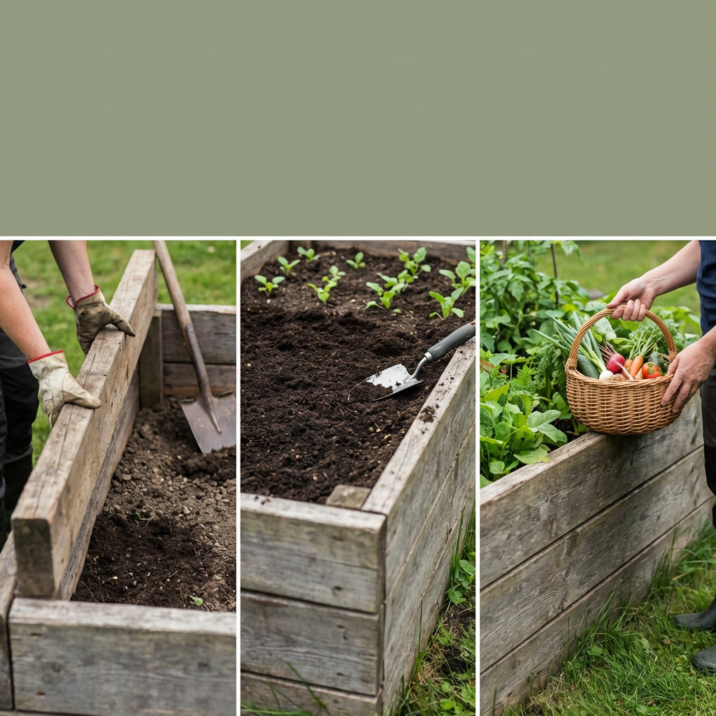 En person fyller en upphöjd odlingsbädd i trä med jord med hjälp av en skottkärra och en spade i en lummig trädgård.
