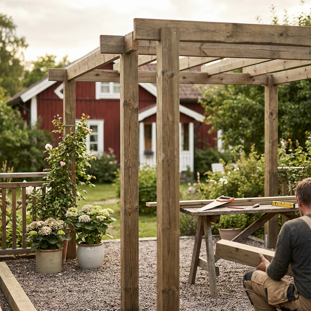 En färdigbyggd träpergola med klätterväxter och mysig belysning i en lummig svensk trädgård.