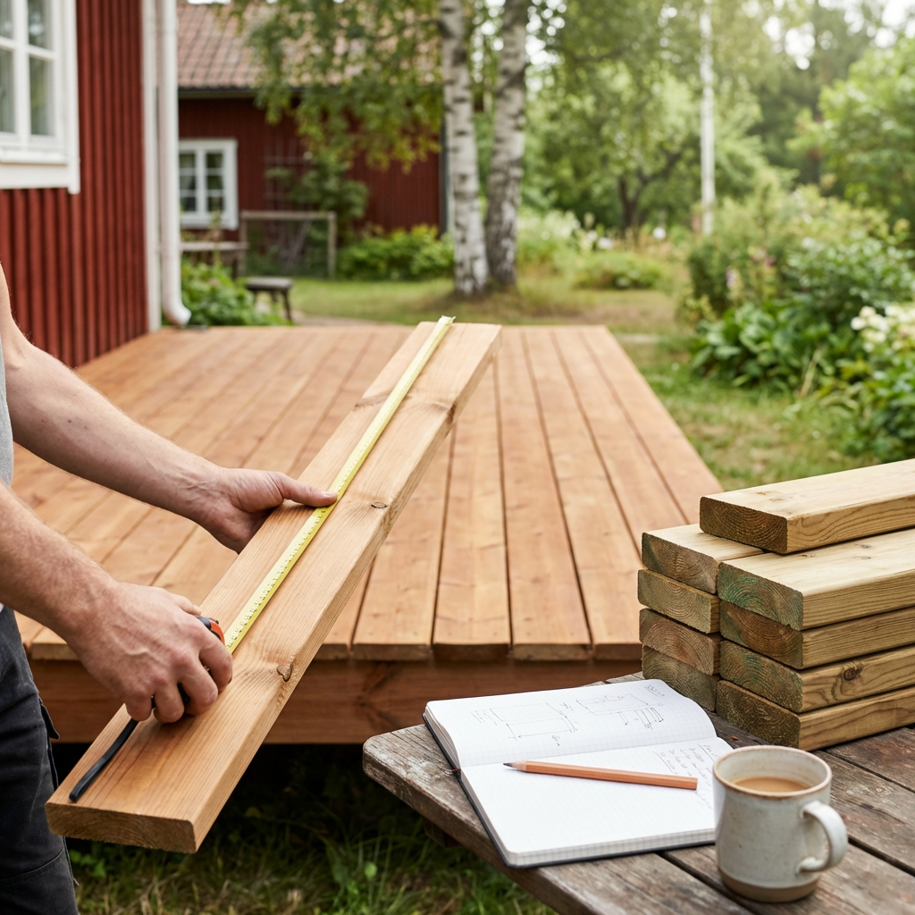 En person som gräver ett hål för en plintgrund till ett trädäck i en lummig villaträdgård.