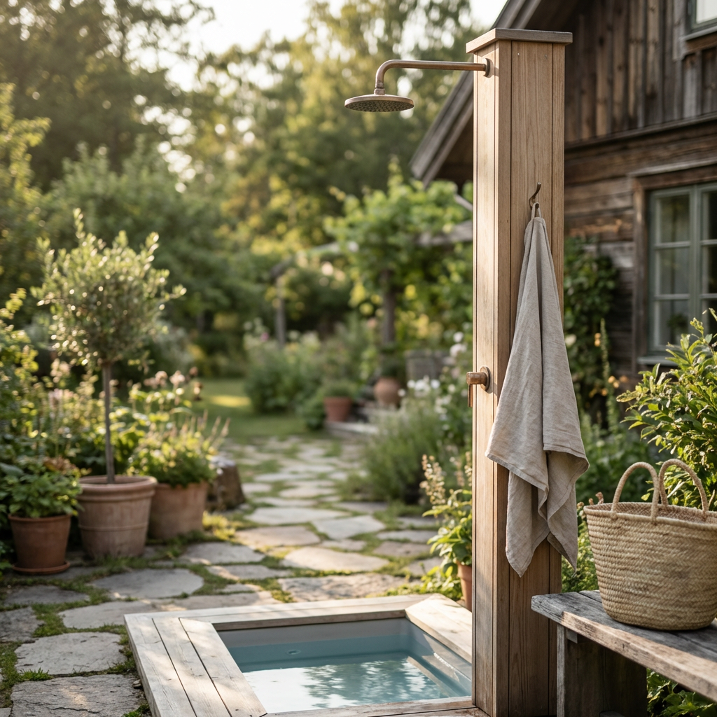 En modern utomhusdusch i trä bredvid en liten pool i en lummig svensk sommarträdgård.