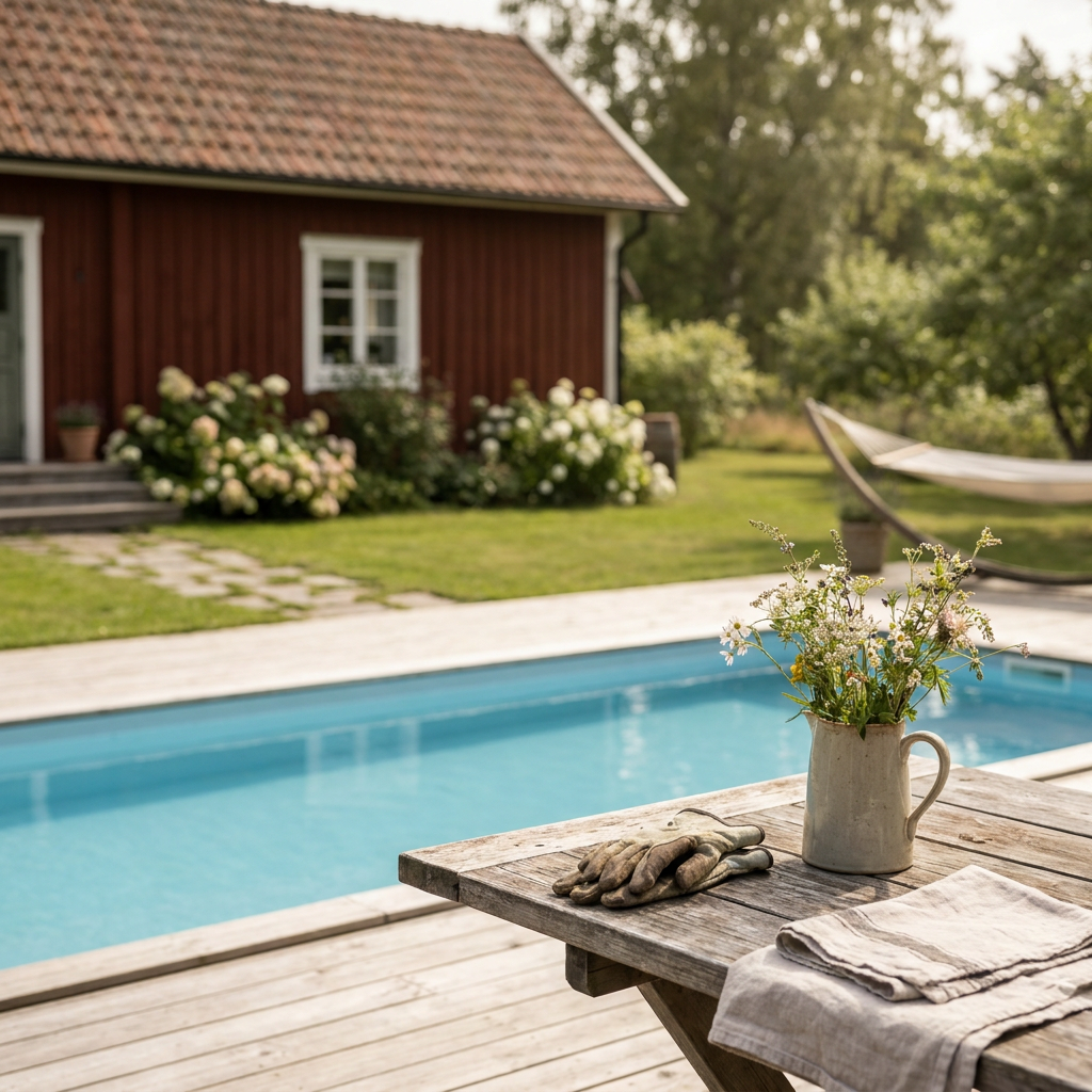 En mysig och inbjudande hörna i en lummig sommarträdgård med en bekväm polyrottingfåtölj och en pall.