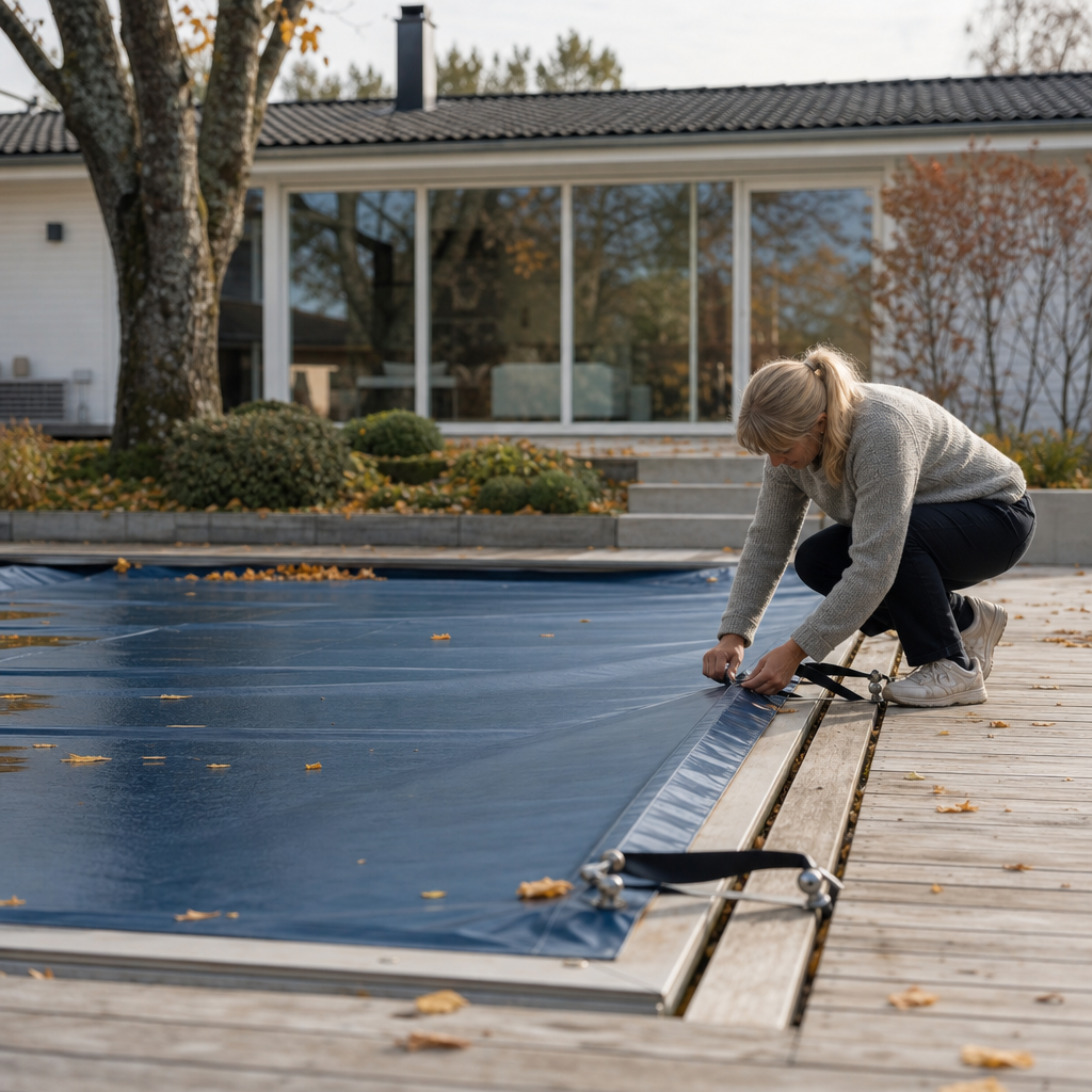 En välskött villaträdgård i höst med en övertäckt pool och ett snyggt staket längs tomtgränsen